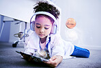 Young girl, tablet and science graphic with web education and internet app for kids. Home, child and digital holograph of space and plants with headphones listening to children research podcast 