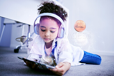Buy stock photo Child, science and astronomy on tablet with web education and internet app for kids. Home, child and digital holograph of space and planets with headphones listening to children research podcast 