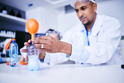 Buy stock photo Chemistry, balloon and father with child in laboratory for medical research, science and education. Healthcare, family and scientist dad with girl do experiment for knowledge, learning and teaching