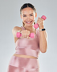 Fitness, portrait and woman with dumbbell isolated on studio white background for health, exercise and gym power. Bodybuilder, face and sports person happy for workout goals and lose weight training