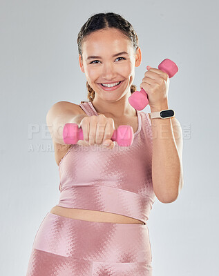 Buy stock photo Fitness, portrait and woman with dumbbell isolated on studio white background for health, exercise and gym power. Bodybuilder, face and sports person happy for workout goals and lose weight training