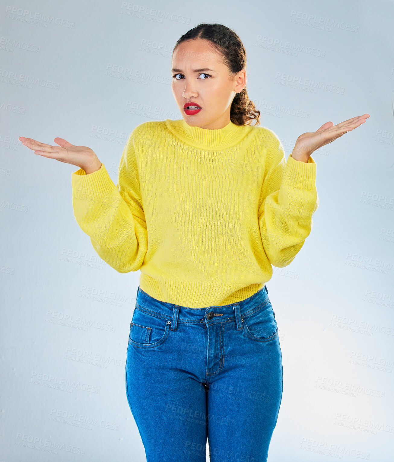 Buy stock photo Portrait, shrug and woman confused, question and decisions against a white studio background. Female person, girl and model with confusion, why and i dont know with emoji, puzzle and choice doubt