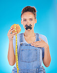 Burger, diet and woman tape mouth for fast food and weight loss gives bad, disgust and frustrated review for protection. Disaster, mistake and person disappointed isolated in a studio blue background