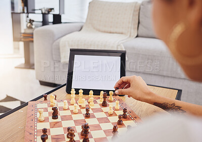 Buy stock photo Video call, chess and woman with tablet, mockup and screen in gaming connection in living room. Thinking, internet and chessboard, virtual strategy board game and African girl problem solving in home