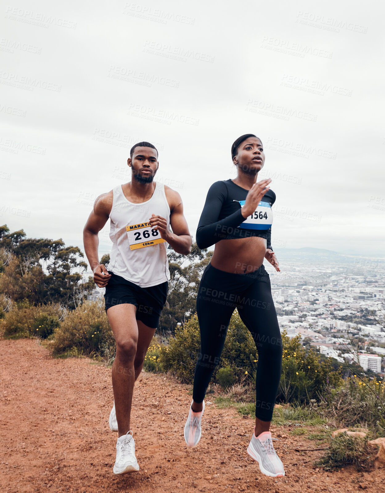 Buy stock photo Run, couple and mountain with fitness workout and training on a race and marathon. Runner, young people and road on a exercise challenge outdoor with sport cardio performance in nature together