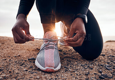 Shoes, fitness and person typing laces ready for outdoor exercise, workout or hiking for health and wellness. Hands, closeup and athlete or runner prepare for marathon training or endurance running