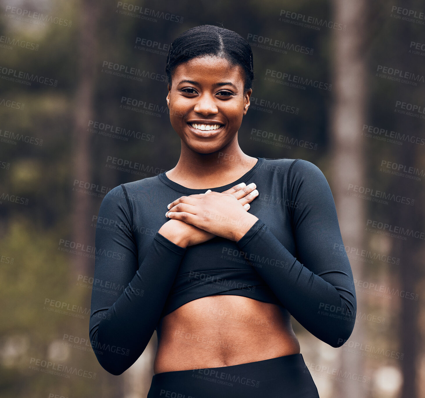 Buy stock photo Smile, healthy and portrait of black woman athlete happy for outdoor fitness, exercise and workout in forest or woods. Wellness, health and young female person mindful, freedom and calm for training