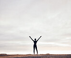 Fitness, hands in air and back of woman with achievement, success and workout goals in nature. Sports, freedom and happy female person with celebration for exercise, training and running target
