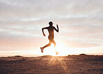 Sunset, running and silhouette with woman in nature for health, workout and fitness challenge. Performance, sports and exercise with runner training in outdoor for speed, marathon and wellness mockup