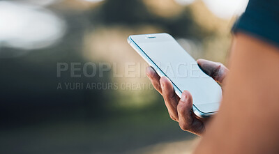 Buy stock photo Closeup hands, phone and communication for social media, networking or chat on mockup screen in nature outdoors. Person, mobile or smartphone app for texting, online browsing or mock up space banner