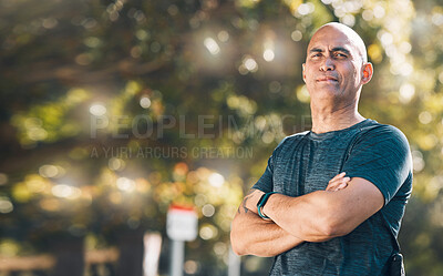 Buy stock photo Man, outdoor and arms crossed portrait in a park for fitness, workout and athlete training. Male person, mature and wellness in nature with mockup and confidence in a forest for sport and health