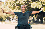 Stretching, fitness and wheelchair with man in park for disability, workout and health. Morning, wellness and exercise with disabled person and warm up in nature for sports, challenge and performance