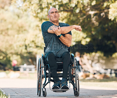 Buy stock photo Stretching, training and wheelchair user with man in park for fitness, workout and health. Warm up, wellness and exercise with person with disability in nature for sports, challenge and performance