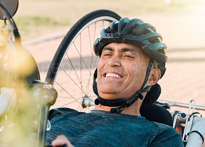 Buy stock photo Happy man with disability, handcycle and bike for sports, race or cardio contest. Bicycle, male cyclist or face of athlete with paraplegia cycling in competition, challenge or smile of outdoor action