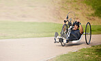 Cycling, nature and speed, man with disability training for competition with motivation and exercise on bike. Motion, workout and person on fast recumbent bicycle for outdoor race, space and mockup.