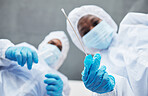 Science, csi and evidence with people during a medical investigation closeup from below as a team. Collaboration, analysis and forensic with professional samples at a crime scene to collect a sample