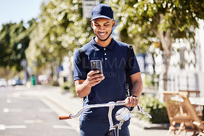 Buy stock photo Bicycle, phone and delivery man use phone gps to navigate the street of a city for a package, product or fast food. Bike, mobile app and courier employee use a map online, internet or ecommerce web