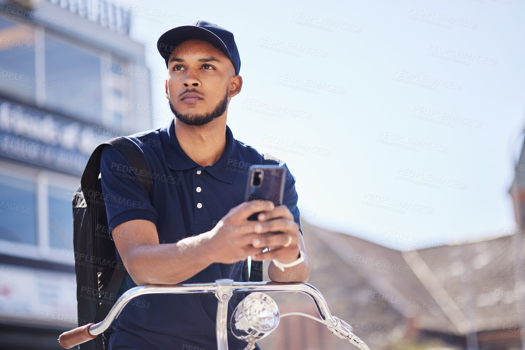 Buy stock photo City man, cellphone or thinking about travel journey, bicycle route or sustainable transport on morning commute. Carbon neutral bike, gps smartphone app or planning male student looking at direction 