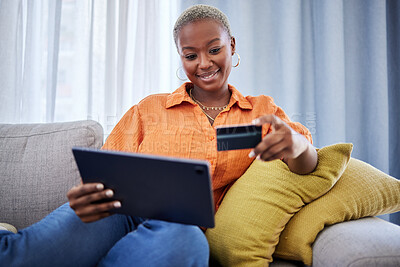 Buy stock photo Credit card, happy or black woman with tablet for payment on ecommerce website for investment at home. Girl, financial or African female customer online shopping with money on internet or fintech