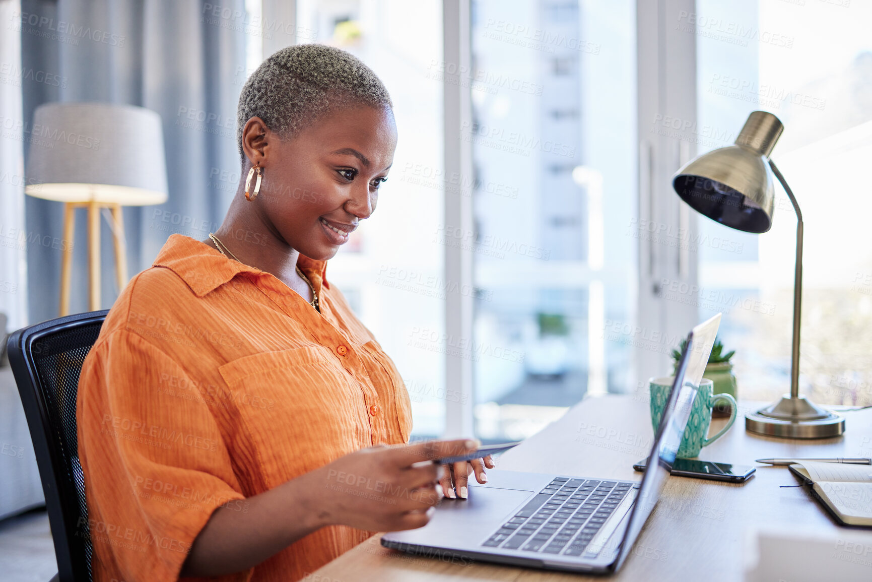 Buy stock photo Excited, laptop or black woman with credit card in home office for ecommerce on digital fintech website. Finance, remote work or happy girl online shopping or typing in banking payment info on a sale