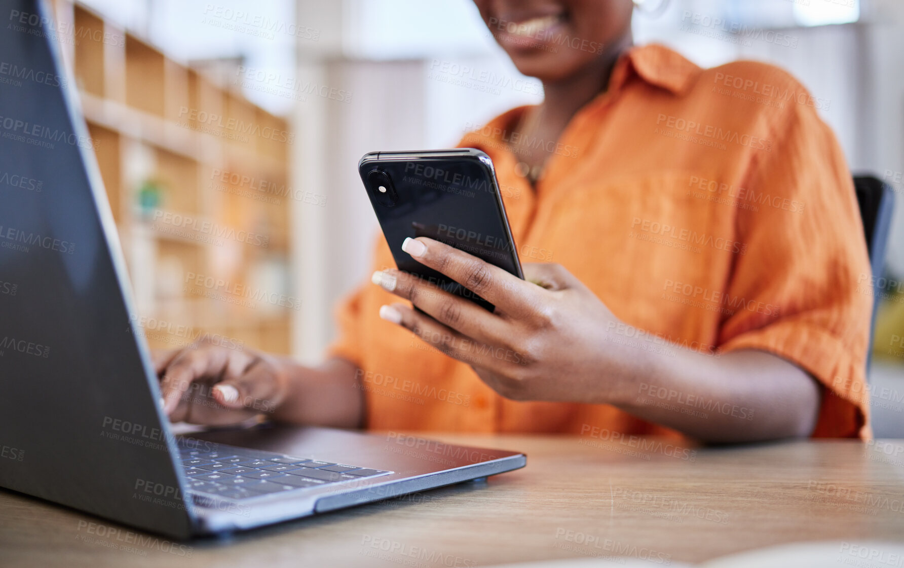 Buy stock photo Phone, laptop or hands of happy woman on social media networking, searching or texting message. News, surf or editor typing, copywriting or checking emails online on digital mobile app or web chat 