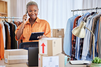 Buy stock photo Black woman, phone call and communication in small business of fashion designer for orders at boutique. Happy African female person talking on smartphone with boxes in logistics, courier or delivery