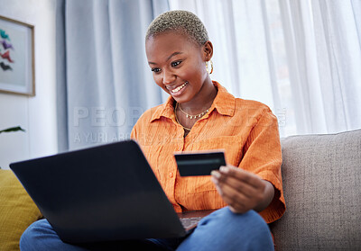 Buy stock photo Laptop, smile or black woman online shopping with credit card for digital product with discount code. Deal, promo or happy girl with financial payment to buy on sale on fintech application at home