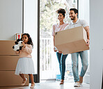 Father, mother and daughter with box in new home, happy or excited together for moving, beginning or goal. Mom, dad and kid with package, smile or start life in property, real estate or family house