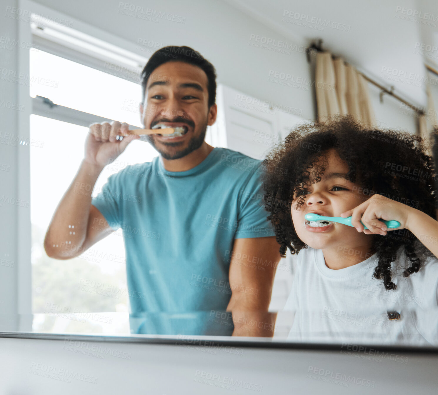 Buy stock photo Father, son and brushing teeth together in mirror, bathroom or home for hygiene, teaching or oral care. Man, child and toothbrush with foam, cleaning and learning for health, mouth and dental results