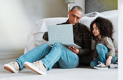 Buy stock photo Grandfather, bedroom and family child with laptop for subscription movie, online gaming or search web for kid. Home bond, computer and elderly man babysitting grandchild, watch media or network video