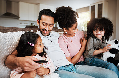 Buy stock photo Happy family, parents and kids watching tv in home of movies, film broadcast or relax in living room. Mother, father and children on sofa of television media, video subscription or streaming platform