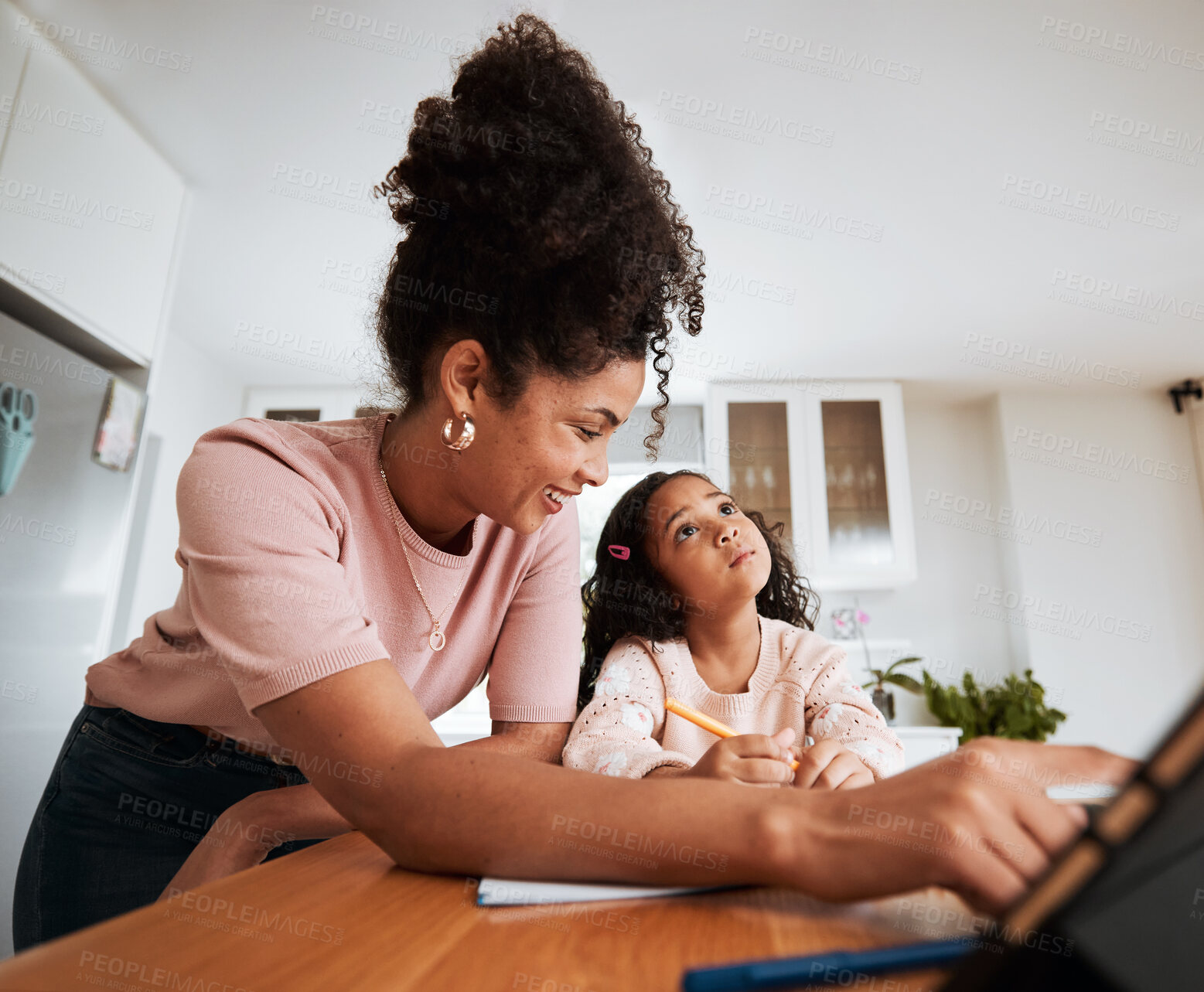 Buy stock photo Mom, helping with learning and girl with idea, thinking or problem solving a solution to question, work and homework. Tablet, studying online and child together with mother for education and studying