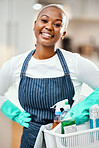 Happy, portrait and a black woman with cleaning bucket for home service or working on dirt. Smile, start and an African worker in a house with product for housekeeping or pride in cleaner uniform