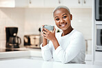 Black woman in kitchen, coffee and portrait, relax at home and morning routine with warm caffeine beverage. Female person holding mug, smile and happy in apartment with espresso and positivity