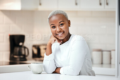 Buy stock photo Portrait, smile and black woman with coffee, kitchen or relax with aroma, carefree or apartment. Face, female person or happy girl with tea, Nigerian and espresso with morning drink, home or wellness