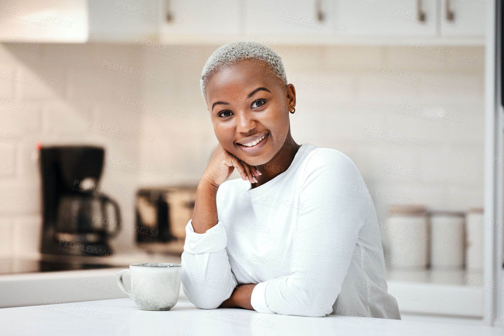 Buy stock photo Portrait, smile and black woman with coffee, kitchen or relax with aroma, carefree or apartment. Face, female person or happy girl with tea, Nigerian and espresso with morning drink, home or wellness