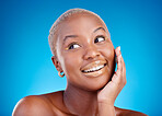 Makeup, studio face and happy black woman satisfied with glowing skin, aesthetic and facial cosmetics for skincare shine. Eyeliner, dermatology smile and thinking African person on blue background.