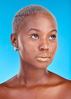 Buy stock photo African woman, face and creative makeup, beauty and cosmetics for skincare or natural skin glow on studio blue background. Cosmetic, care and model thinking of idea for facial, treatment or fashion