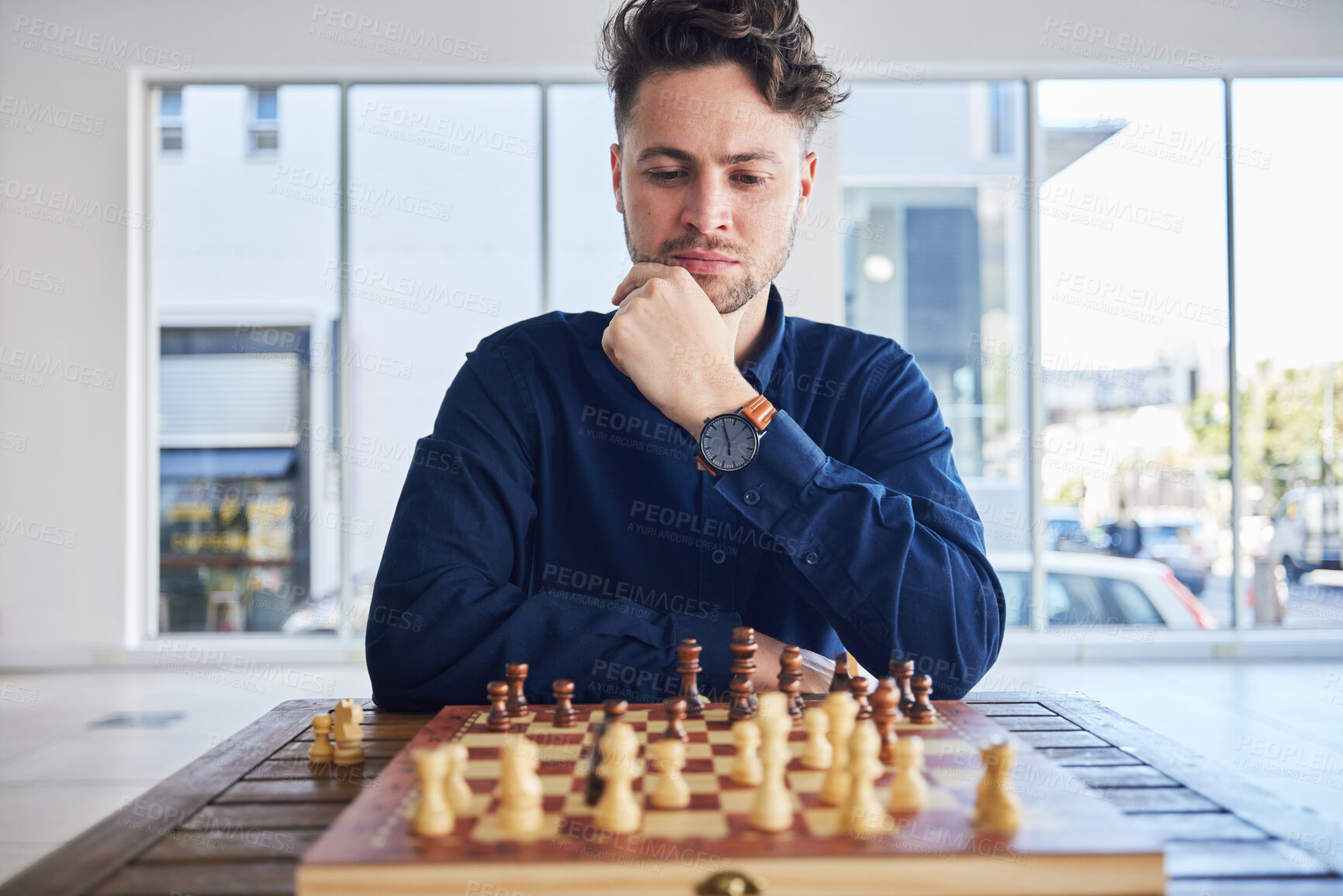 Buy stock photo Chess, man and thinking of strategy in game, problem solving or person playing on chessboard in competition. Planning, choice and focus on challenge or king, queen and player with decision to move