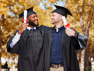 Buy stock photo Graduation, students and couple of friends on university, or campus achievement, success and celebration of diploma. Men, graduate or diversity people hug for education, certificate and award at park