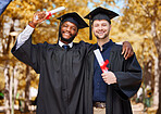 Graduation portrait, friends and students on university or college campus, success and celebration of diploma. Happy men, graduate or people hug for education, certificate and diversity in park