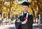 Graduation, diploma and portrait with man with education paper and serious outdoor. Vision, certificate and male student with scholarship and university degree with graduate and education achievement