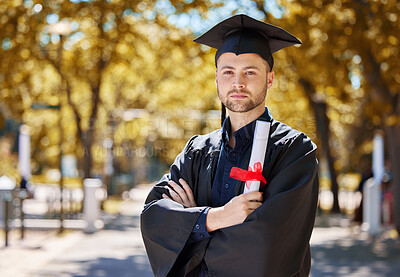 Buy stock photo Graduation, diploma and arms crossed with man portrait with education paper and serious outdoor. Vision, certificate and male student with scholarship and university degree with graduate and study