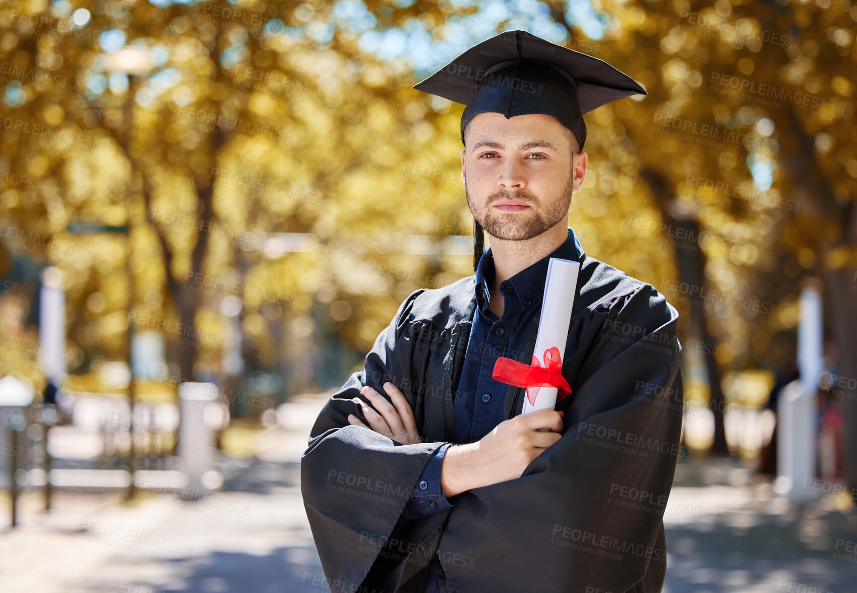 Buy stock photo Graduation, diploma and arms crossed with man portrait with education paper and serious outdoor. Vision, certificate and male student with scholarship and university degree with graduate and study