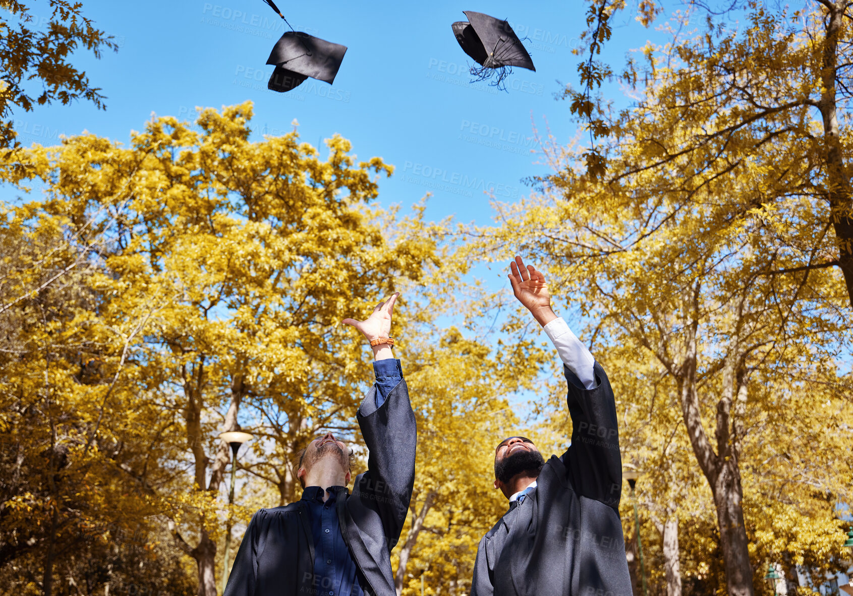 Buy stock photo Graduation cap, students or friends and throw in air or sky for celebration, study success and achievement on campus. University people or graduate with college, school and education or scholarship