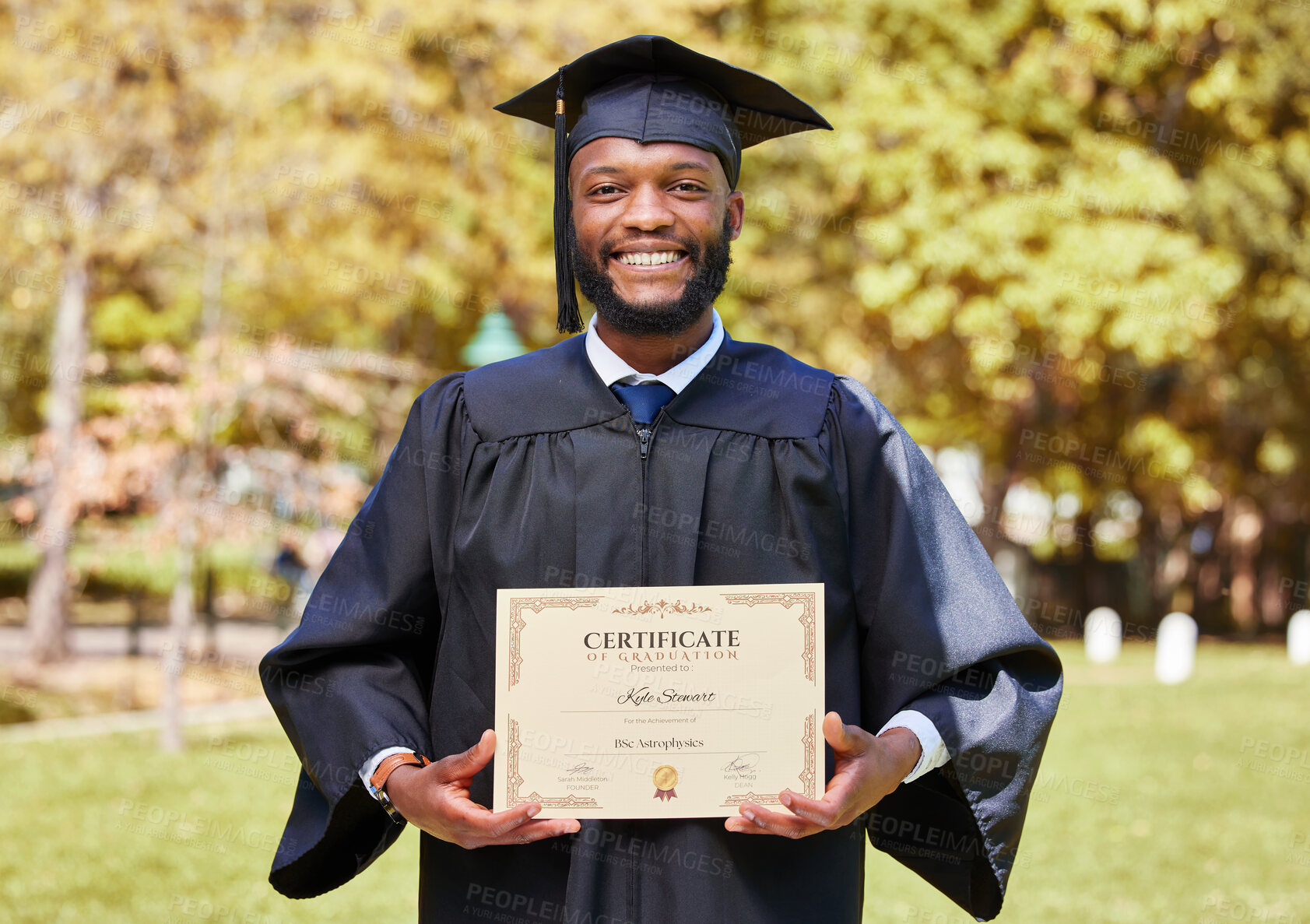 Buy stock photo Certificate, black man and campus in portrait with smile with achievement or award for success. Man, pride and diploma with education for degree in masters from university with achievement or award.