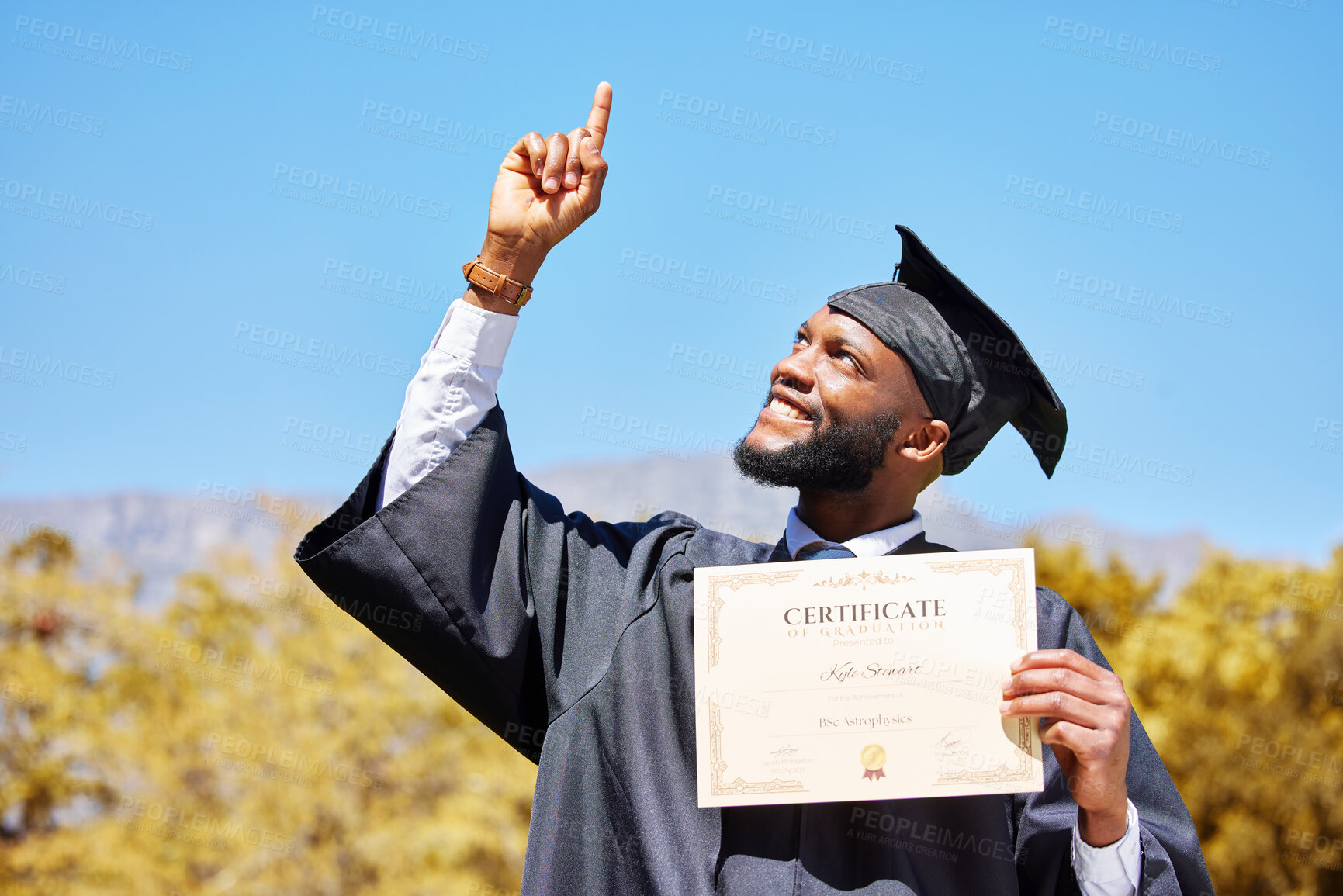 Buy stock photo Certificate, graduation and success with black man pointing for award, winner and education. Scholarship, future and learning with university student on campus for achievement, study and diploma