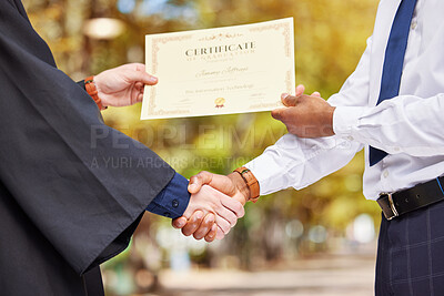 Buy stock photo Hand shake, graduation and certificate for college student with professor, congratulations and event for learning. Education, celebration and party with diploma, paperwork and people with success