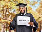 Paper sign, graduation and portrait of a man in a garden by his college campus with a confused gesture. Doubt, graduate and African male student with poster and shrug expression outdoor at university