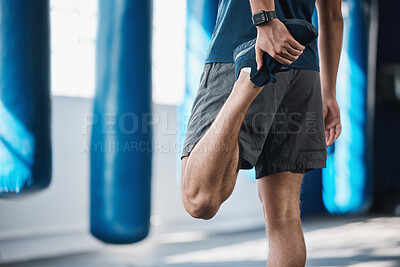 Buy stock photo Back, fitness and stretching with a sports man in the gym getting ready for a workout or training routine. Exercise, health and warm up with a male athlete in preparation of a workout for wellness